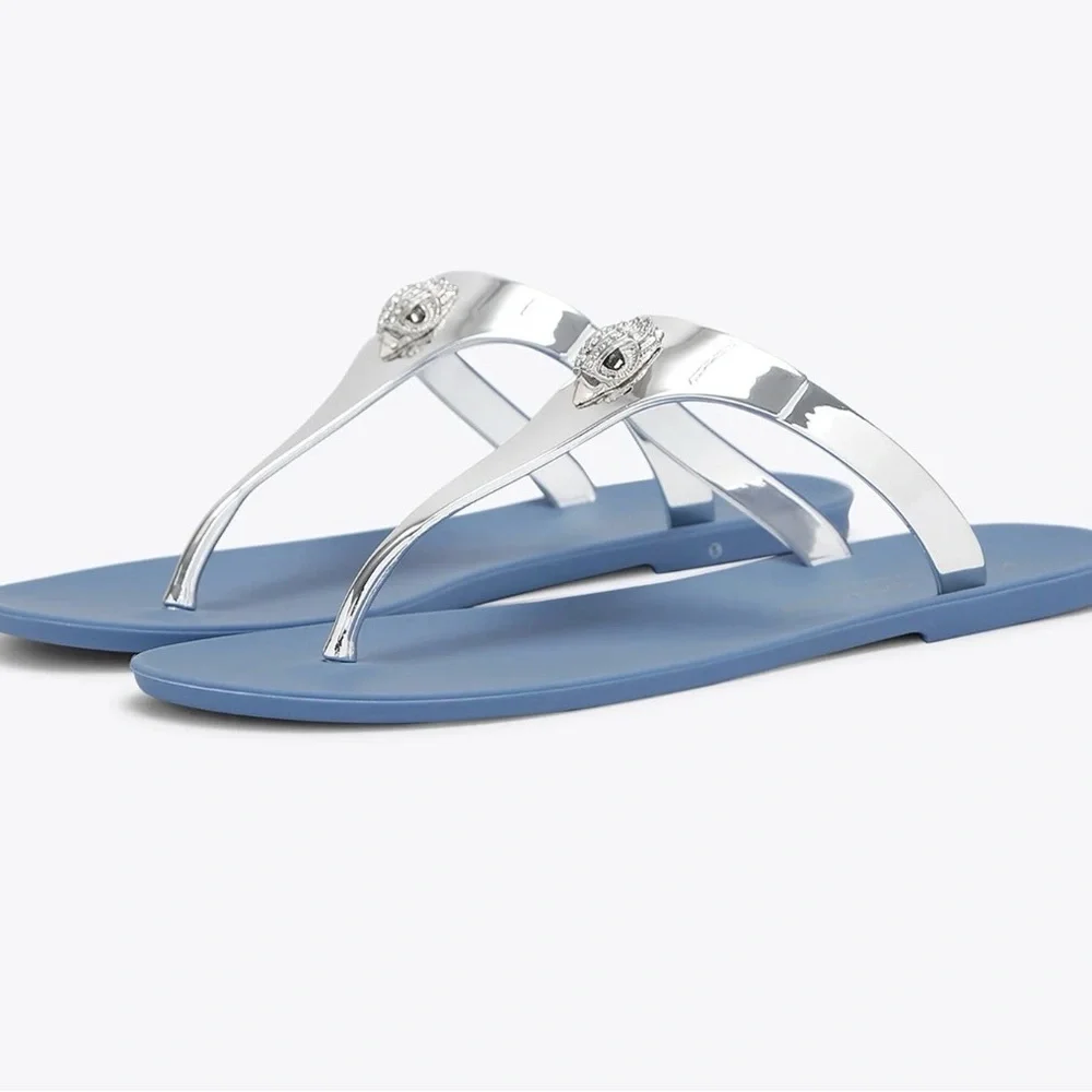 Kurt Geiger London Maddison T-Bar Metallic Silver and Blue Sandals Size 6 NEW - Picture 2 of 14